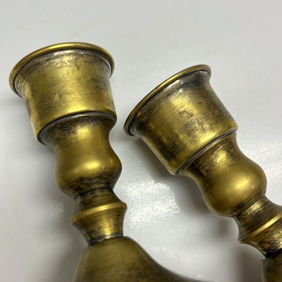 Leonard Patina Brass Old Rustic 5” Candle Holders Fits Approx 2” Candle Opening - Picture 10 of 15